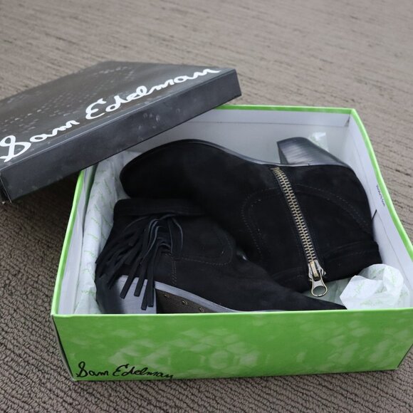 SAM EDELMAN Louie Black Suede Fringe Cowboy Bootie Size 7.5 - Picture 8 of 9